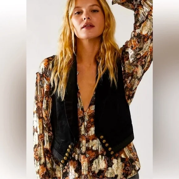 Free People Scorpio Long Sleeve Metallic Floral Sheer Blouse NWOT - - Picture 2 of 6